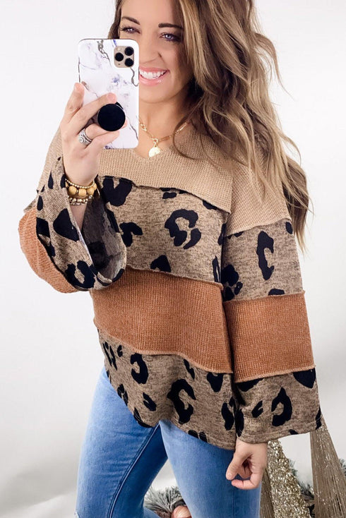 Colorblock Patchwork V-Neck Loose Sleeve Knit Top